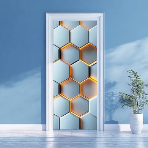 arricraft 2 Sheets Geometric Self-Adhesive Door Sticker, 31.5x78.7inch 3D Hexagon Pattern Door Murals Stickers PVC Removable Wallpaper Decoration for Bedrooms Living Room - style: Hexagon