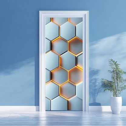 arricraft 2 Sheets Geometric Self-Adhesive Door Sticker, 31.5x78.7inch 3D Hexagon Pattern Door Murals Stickers PVC Removable Wallpaper Decoration for Bedrooms Living Room - style: Hexagon