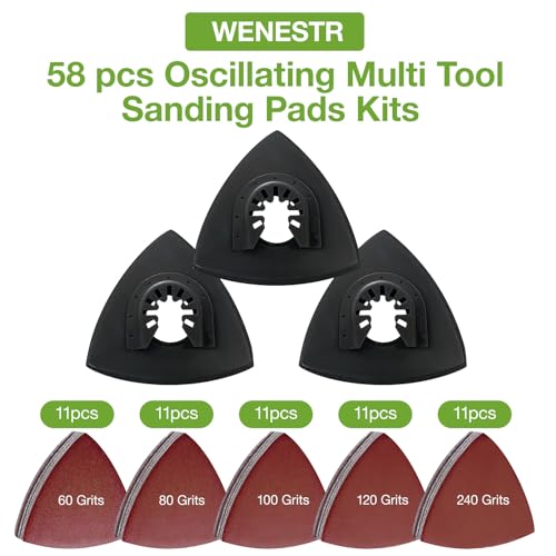 Oscillating Tool Sanding Pad kit 58pcs, 3-Piece 3-1/8 in Triangle Sanding Pad with 55pcs Sandpaper for Surface Sanding,Mechanical Maintenance Cleaning, polishing, deburring - style: 58PCS SANDING PADS KITS