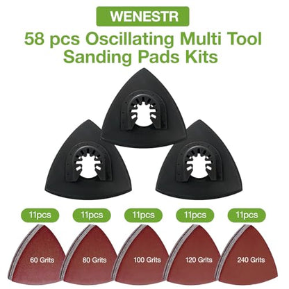 Oscillating Tool Sanding Pad kit 58pcs, 3-Piece 3-1/8 in Triangle Sanding Pad with 55pcs Sandpaper for Surface Sanding,Mechanical Maintenance Cleaning, polishing, deburring - style: 58PCS SANDING PADS KITS