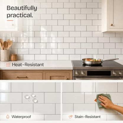 StyloVue 100 Pieces Peel and Stick Backsplash for Kitchen, 3" x 6" PVC Subway Tile, Glossy White with Dark Gray Grout, Self Adhesive Stick on Wall Tiles for Kitchen, Bathroom, Fireplace, RV - color: Glossy White