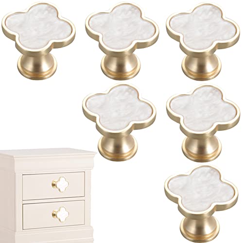 6 Pcs Clover Knobs Four-Leaf Handle Creative Cabinet Drawer Pulls Gold for Dresser Wardrobe Zinc Alloy Single Hole Door Handle(White) - color: White