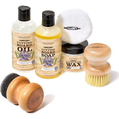CLARK'S Cutting Board Care Kit - Includes Mineral Oil - Finishing Wax (6oz) - Applicator - Scrub Brush - Buffing Pad - Infused with Lavender and Rosemary Extract - Features Clark's Cutting Board Wax - style: Lavender and Rosemary Extract (Full Care Set)