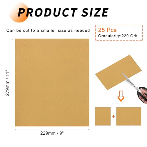 25 Pcs 220 Grit Sandpaper 9 x 11 Inch Sand Paper Alumina Gold - size: 9 x 11 Inch(220 Grit)