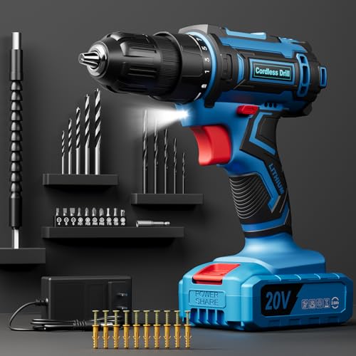 Cordless Drill Set, VIWKO 20V Power Drill with Power Pack 2.0Ah and Charger, 3/8-Inch Keyless Chuck Electricdrill, 25+1 Torque, 42pcs Drilldriver Bits/Screws for DIY Projects (Blue) - color: Blue