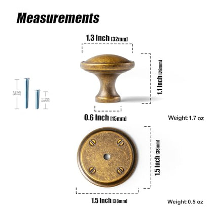 6Pack Antique Brass Cabinet Knob with Backplate Round Drawer Knob - color: Antique Brass, style: Round Plaquette