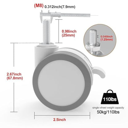 JOY Worker M8 Threaded Stem Casters 2.5" Lockable Wheels Set of 4, White - color: White