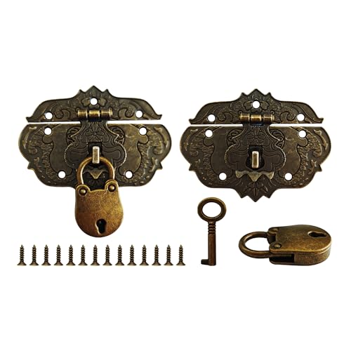2PCS Antique Embossing Decorative Hasp Latch, Retro Brass Clasp Lock with Screws for Jewelry Wooden Box Case Drawer Cabinet Furniture Decoration, Bronze