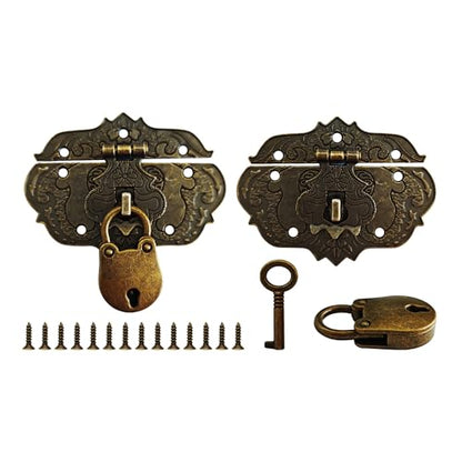2PCS Antique Embossing Decorative Hasp Latch, Retro Brass Clasp Lock with Screws for Jewelry Wooden Box Case Drawer Cabinet Furniture Decoration, Bronze