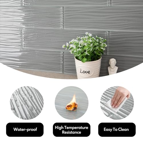 Lovdeco Grey Water Wave Glass Subway Tile, Glass for Bathroom Kitchen Backsplash Wall, 3 x 12 Inch, 4 Sq.Ft. - color: Gray, size: 3 x 12 Inch