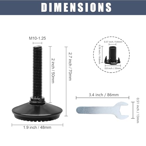 Black M10 Fixed Leveling Feet 8 Pack T-Nuts Wrench Incl - size: M10*50mm, 8Pcs