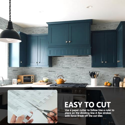 Midcard 10 Sheets Peel and Stick Backsplash PVC Wall Tile,for Kitchen Backsplash - color: Rectangular White Marble with Metallic Silver