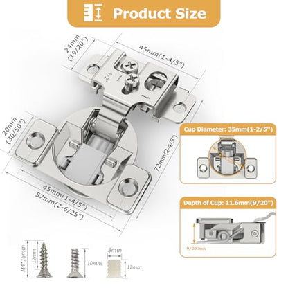 Furniware 20 Pieces 1/2" Overlay Soft Close Concealed Hinge, 105 Degree - color: 20 Pieces, size: 1/2"