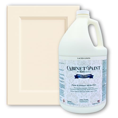 Bathworks Kitchen Cabinet Paint - Satin, Pro-Grade Formula by Refinishing Pros Since 1972, Low-VOC, Scrub Resistant, for Wood, Laminate & MDF Cabinets, Vanities, Furniture (Laced Linen, 1 Gallon) - color: Laced Linen, size: 128 Fl Oz (Pack of 1)