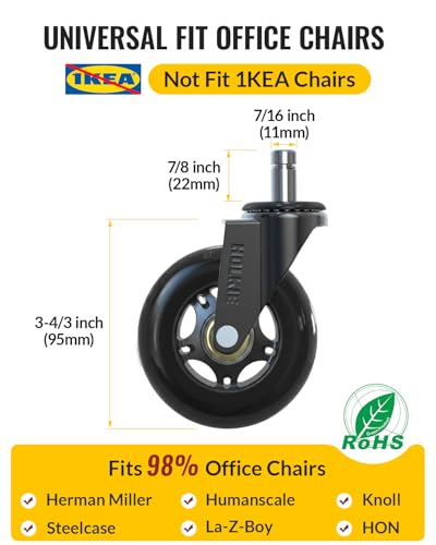 HOLKIE Office Chair Wheels Roller Blade Caster 11x22mm All Black 3 Inch Chair Wheels for Office Rubber Rolling Set of 5 for Carpet Hardwood Floors Gaming Smooth & Silence Gliding - color: Black