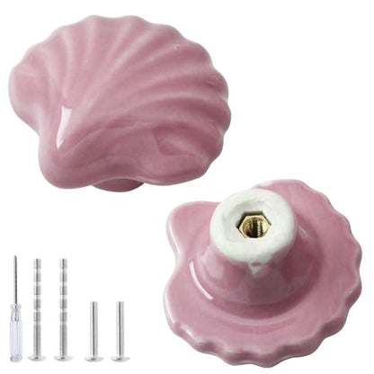 2pcs Ceramic Shell Pink Drawer Knobs, Cute Cabinet Pulls for Kids - color: Pink + Shell Shape, size: 2 Pack