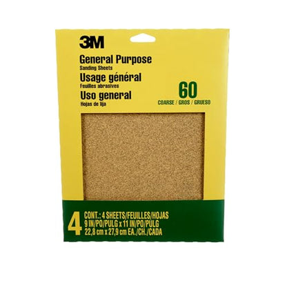 3M Sandpaper, 60 Grit, 4 Sheets, 9 x 11 in, Coarse Aluminum Oxide - size: 9 in x 11 in, style: Coarse