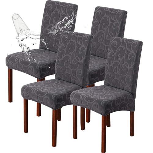Waterproof Dining Room Chair Covers, Stretch Parsons Chair Slipcovers - color: Flower Pattern-dark Gray, size: Regular-4 Pack