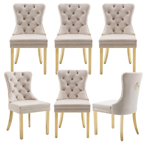 Beige Velvet Dining Chairs Set of 6, Elegant Tufted & Nailhead, Gold Legs - color: Beige, Golden Steel Leg, size: set of 6