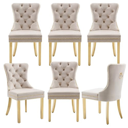 Beige Velvet Dining Chairs Set of 6, Elegant Tufted & Nailhead, Gold Legs - color: Beige, Golden Steel Leg, size: set of 6