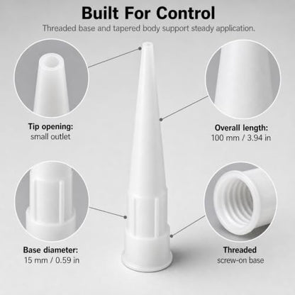 QWORK 30 Pcs Caulk Nozzle Tips Replacement – Plastic Caulking Gun Extender for Windows, Doors & Floor Tiles – Threaded Sealant Applicator Spout for Sausage Caulk Guns, White
