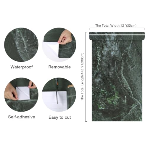 CHIHUT Dark Forest Green Marble Contact Paper Peel and Stick Wallpaper - size: 12"x472"