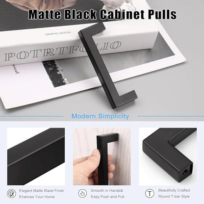 KNOBWELL 20 Pack| 4 inch Square Bar Drawer Handles Black, Kitchen Cupboard Handles Black Drawer Pulls Furniture Hardware Dresser Pull Handles - color: Matte Black, size: Hole Center:4 inch(102mm)