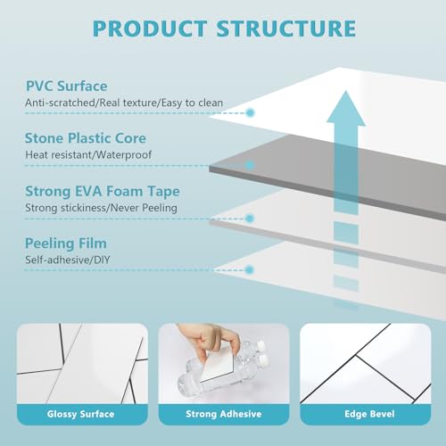 Vamos Tile 100-Piece Glossy Pure White Peel and Stick Backsplash Tile,3''x6'' PVC Subway Tile with Dark Gray Grout,Stick on Backsplash for Kitchen/Bathroom/Fireplace - color: Pure White with Dark Gray Grout