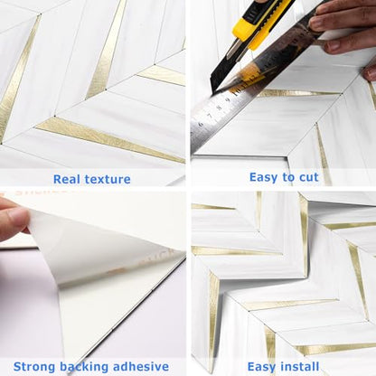 STICKGOO Herringbone Tile Peel and Stick Backsplash for Kitchen&Bathroom - color: Dolomite White Mixed Light Gold