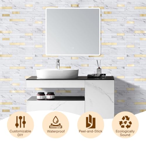 Peel and Stick Backsplash Tile Waterproof Removable PVC Wall Sticker 3D Faux Stone Marble Brick White Accent Panels (American Walnut - Metal Gold, 40 Tiles - 18 sq. ft. (1.68 m²)) - color: American Walnut - Metal Gold, size: 40 Tiles - 18 sq. ft. (1.68 m²
