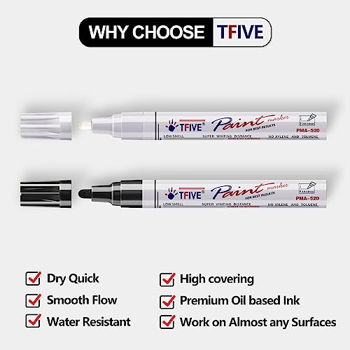 TFIVE White & Black Permanent Markers Paint Pens, 2 Oil Based Paint Markers - color: Black & White