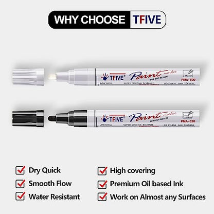 TFIVE White & Black Permanent Markers Paint Pens, 2 Oil Based Paint Markers - color: Black & White