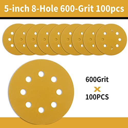 100 Pcs 5 Inch Sanding Discs Hook and Loop, 8 Hole Gold Premium 600 Grit Dustless Random Orbit Sandpaper for Woodworking or Automotive - style: 600 Grit-100 Discs