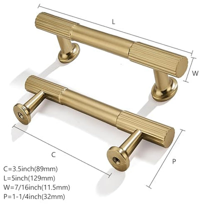 10-Pack 3-1/2 Inch Hole Center Brushed Brass Cabinet Pulls Solid Heavy Duty Cabinet Pull is Suitable for Drawers Dressers Handles Kitchens Bathroom cabinets - color: Brushed Brass, size: 3-1/2 Inch(89mm) hole center
