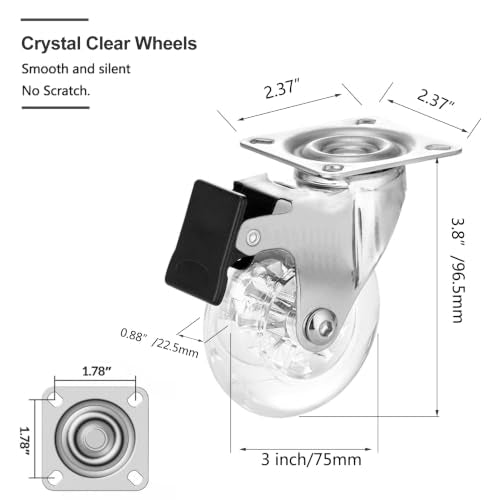 3" Swivel Caster Wheels, 800lbs, Lockable, Gel Clear, 4-Pack - size: 3 inch, With Brake