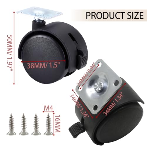 Zorfeter 1.5 Inch Swivel Furniture Caster Wheels with Brakes, Black, 4 Set - style: 1.5 Inch Plate Casters