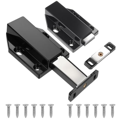 2 Pack Magnetic Push Latches, Push to Open Magnetic Cabinet Latch, Magnetic Touch Release Latches with Strong Pop Out, Magnetic Cabinet Door Catch for Kitchen Cabinets Cupboards Drawers, Black - color: Black