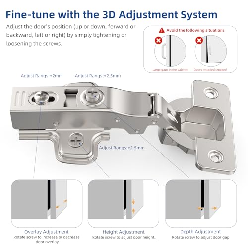 Chibery 50 Pack Full Overlay Cabinet Hinges, Soft Close, Frameless, 105° - size: Full Overlay