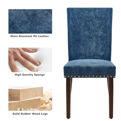COLAMY Upholstered Parsons Dining Chairs Set of 2, Fabric Dining Room Kitchen Side Chair with Nailhead Trim and Wood Legs - Dark Blue - color: F-darkblue, size: Set of 2