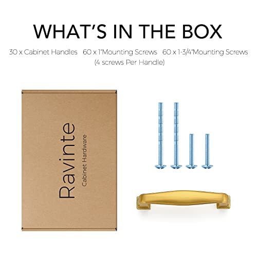 Ravinte Gold Cabinet Handles Solid Cabinet Pulls, 3 Inch CC, 30 Pack - color: Brushed Brass