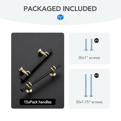 HOME EDIT Matte Black & Gold Cabinet Handles, T-Bar 3-3/4 Inch, 15 Pack - color: Brushed Brass and Matte Black, size: 3-3/4 Inch Hole Center