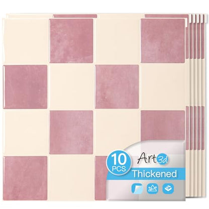 Art3d Grid Peel and Stick Backsplash, 10-Pack, 12" x 12", Pink & Warm White - color: Pink and Warm White