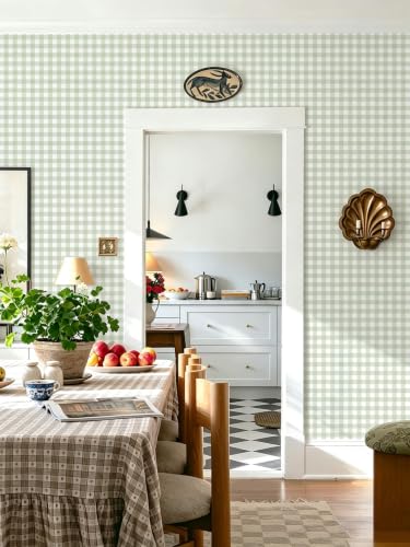 Peel and Stick Wallpaper for Bedroom Green & White Plaid 196"×17.3" - color: Green and White, size: 17.3" x 196"