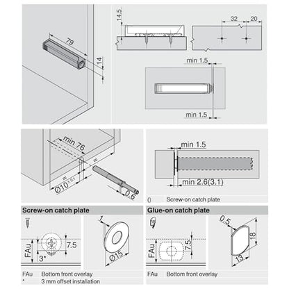 Blum Tip-On Long Version 956A1004 with Adapter Plate - Push to Open Cabinet Hardware - Silk White - Screw Mount Touch Latch Set