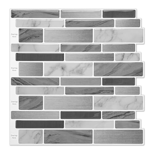 WOWSTAR 10-Sheet Peel and Stick Tiles, Marble Look Kitchen Backsplash Tiles, 12"x12" (Gray Marble) - color: Gray