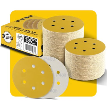 100PCS 6 Inch 400 Grit 150mm 6 Hole Sanding Discs Sandpaper - Premium Gold Round Hook and Loop for Random Orbital Sander - Ideal for Wood, Metal, Automotive - style: 400 Grit - 100 Pack