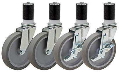 5" Caster Set of 4 | for Food Prep and Work Table with Thermoplastic Rubber Wheels: for Tables with 1.5" ID Tubing | 2 Swivel and 2 with Brake - size: 5x1" Grey