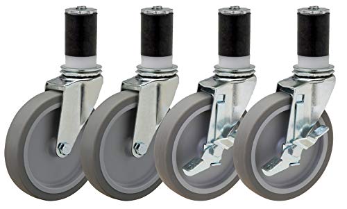 5" Caster Set of 4 | for Food Prep and Work Table with Thermoplastic Rubber Wheels: for Tables with 1.5" ID Tubing | 2 Swivel and 2 with Brake - size: 5x1" Grey