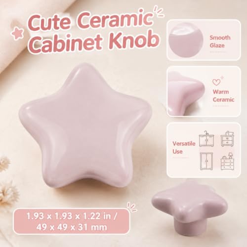 Dnyta 6 Pcs Star Shaped Ceramic Knobs Glossy Ceramic Pulls Drawer Knobs - style: Pink,Star Shaped