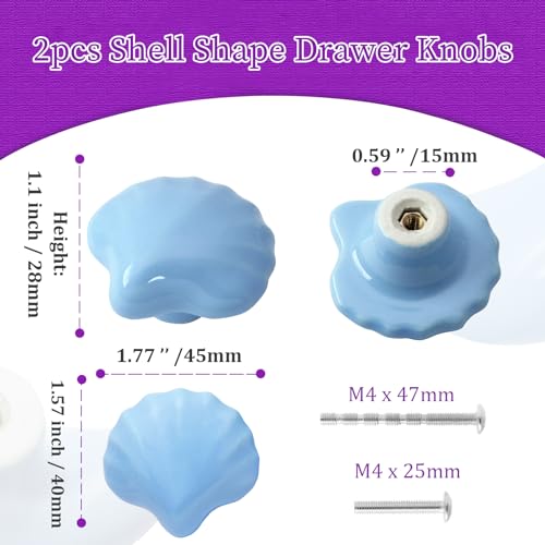 2pcs Ceramic Shell Blue Drawer Knobs, Cute Cabinet Pulls for Kids - color: Blue + Shell Shape, size: 2 Pack